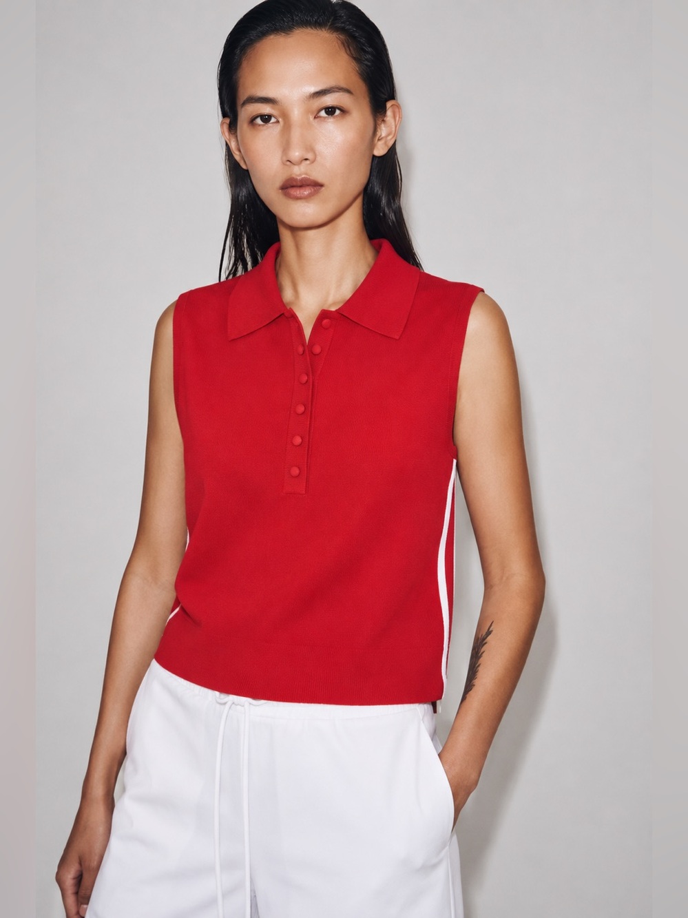 Zara Red Knit Polo Vest Sleeveless Sweater Top S Preppy Tenniscore